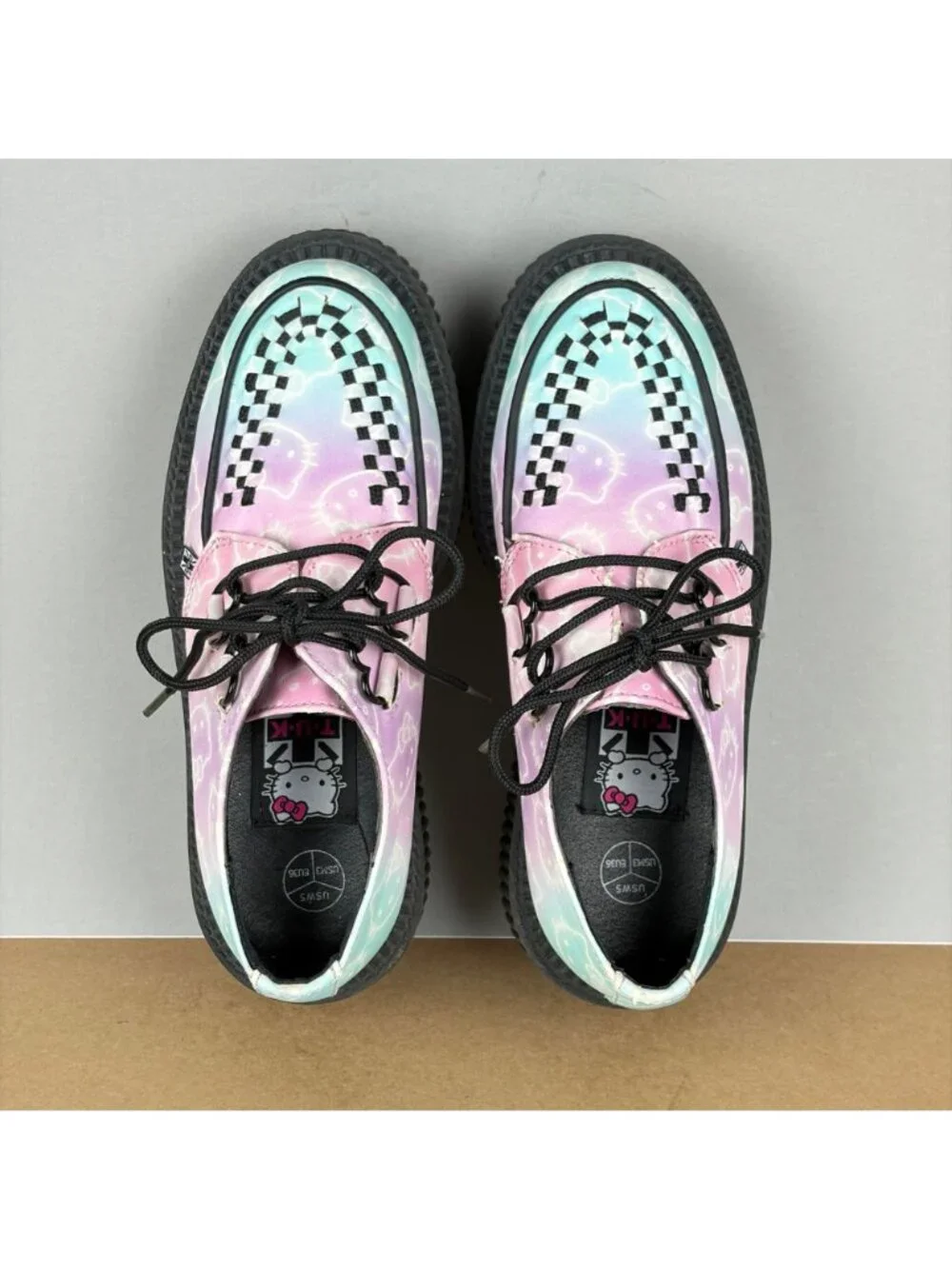 T.U.K. Hello Kitty Platform Creeper Womens 5 Blue Pink All Over Print Shoes